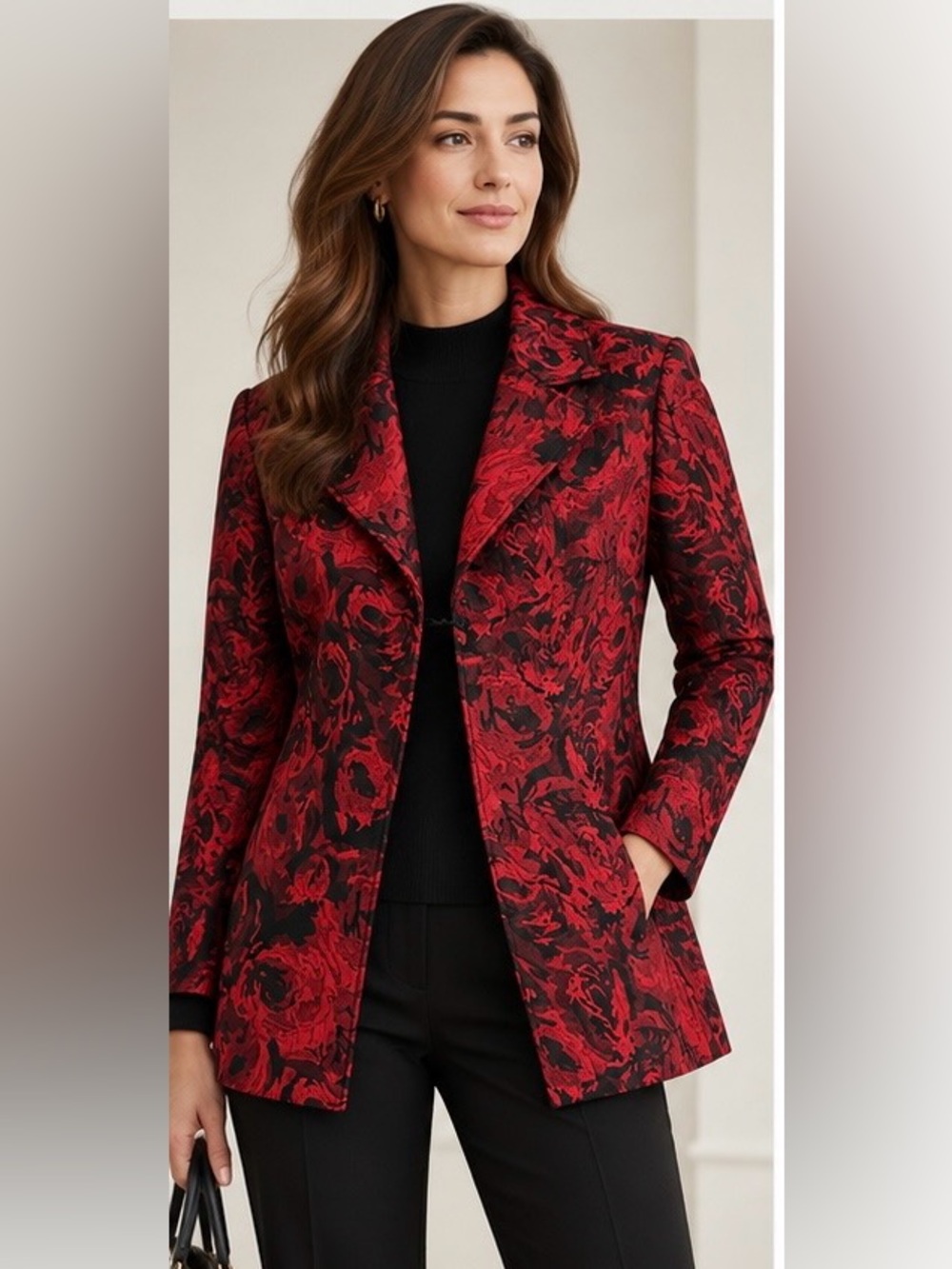 Chico's Red and Black Floral Blazer Jacket
